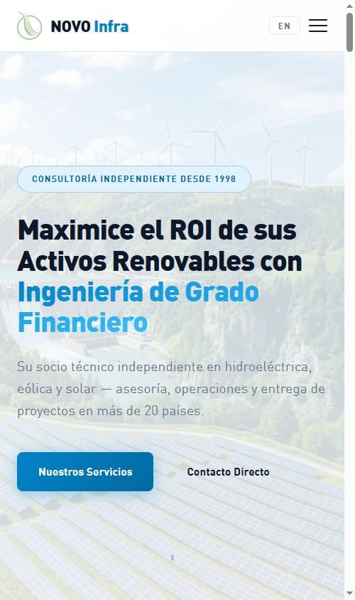 Web de NOVO Infra (Leliadoura, S.L.) en móvil
