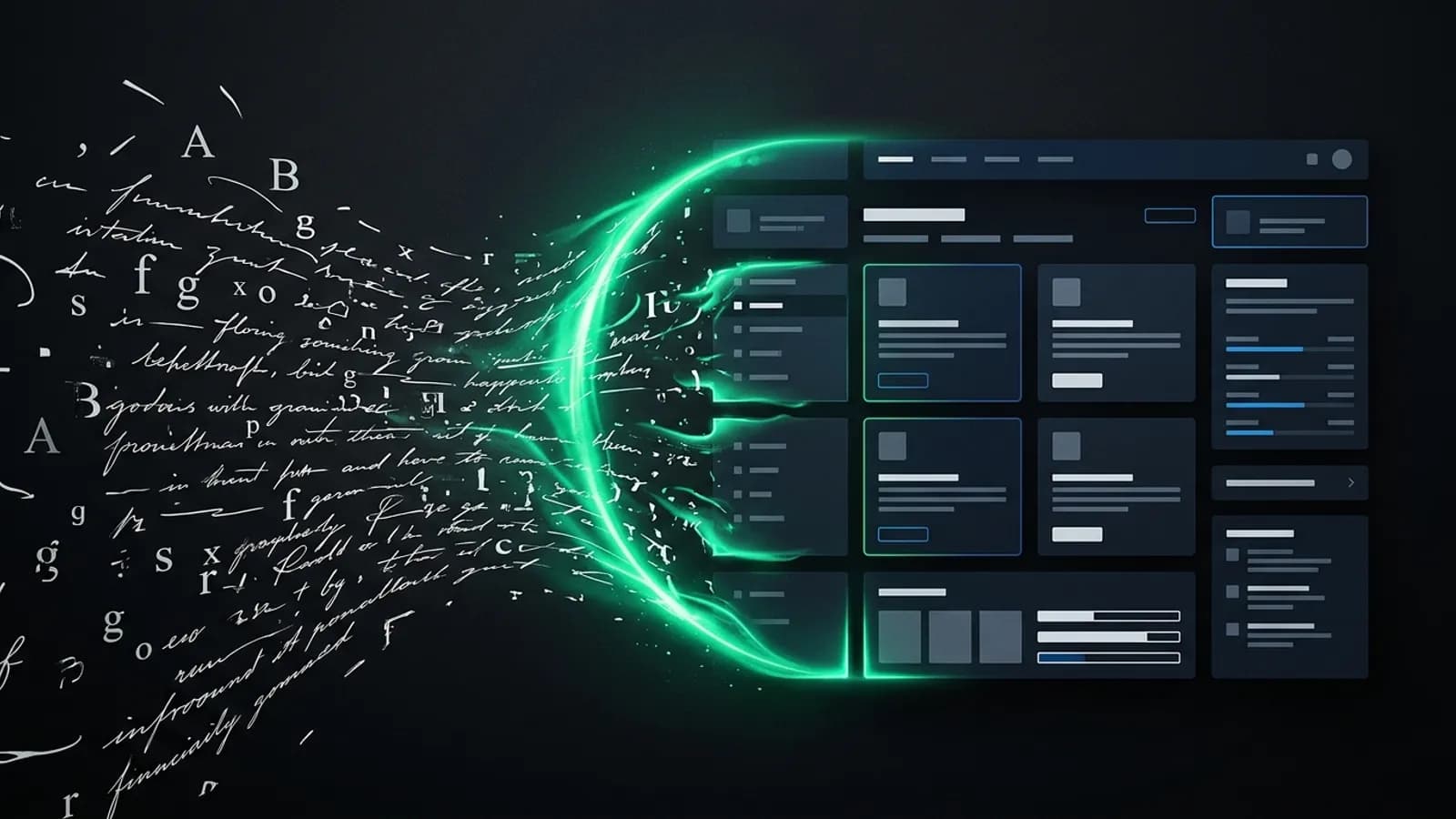 De texto a web en segundos con IA — BuscasClientes Concepto visual de un texto transformándose en una página web generada por inteligencia artificial