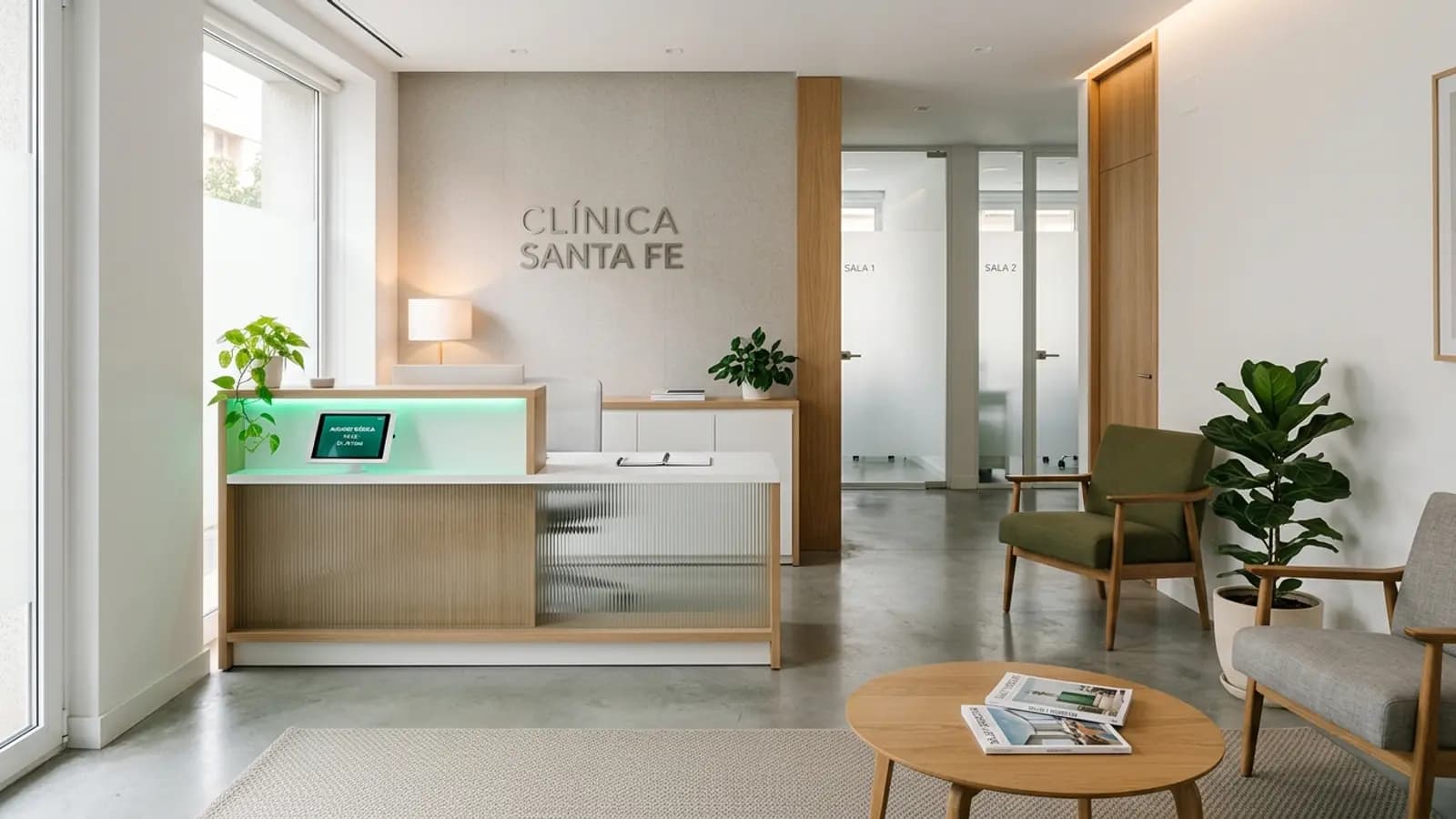 Marketing para clínicas con IA: capta más pacientes — BuscasClientes Recepción de clínica moderna, sector salud que automatiza la captación de pacientes con IA
